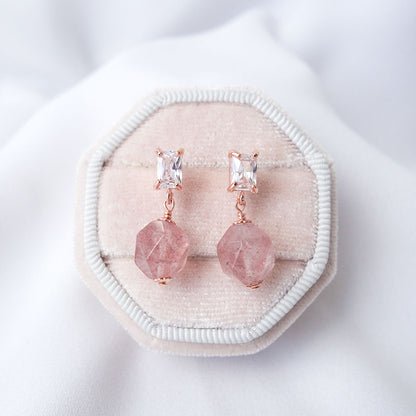 Faceted Strawberry Quartz with Baguette Ear Studs
