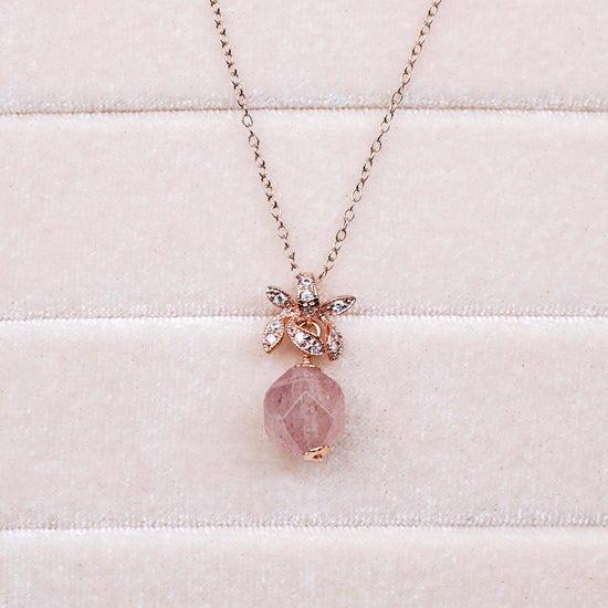 Faceted Strawberry Quartz with Orchid Pendant Necklace - FSJN1