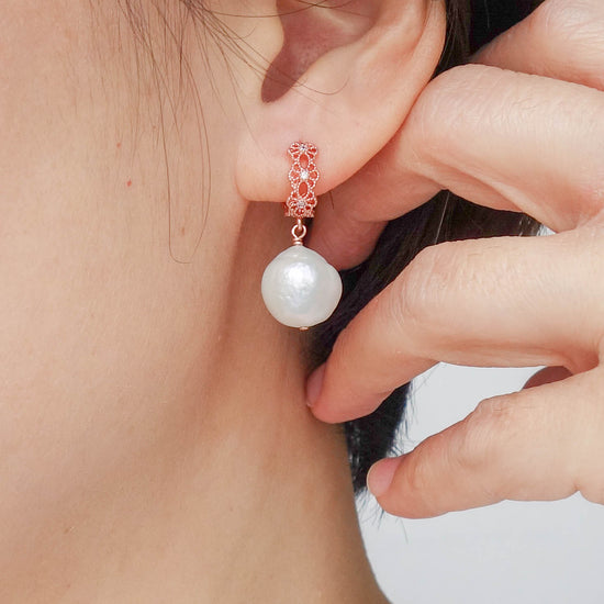 Rose Ear Studs with White Baroque Pearls - JPL10