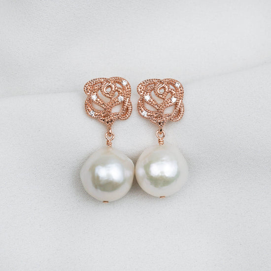 Rose Ear Studs with White Baroque Pearls - JPL10