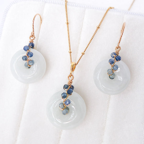 Light Green Jade with Sapphire Vine Earrings and Necklace Set