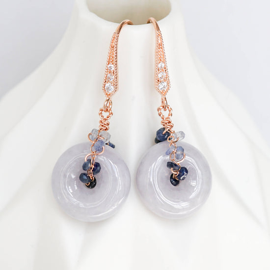 Vivid Lavender Jade with Sapphire Vine Earrings - Graduated CZ Hook