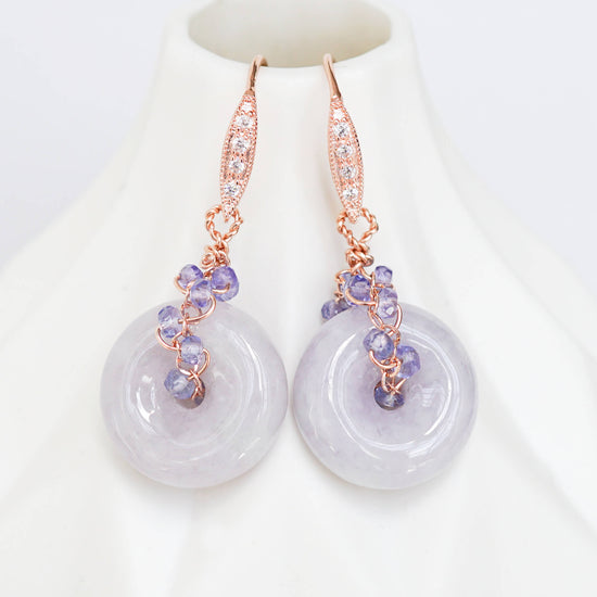 Vivid Lavender Jade with Tanzanite Vine Earrings - Curved CZ Hook