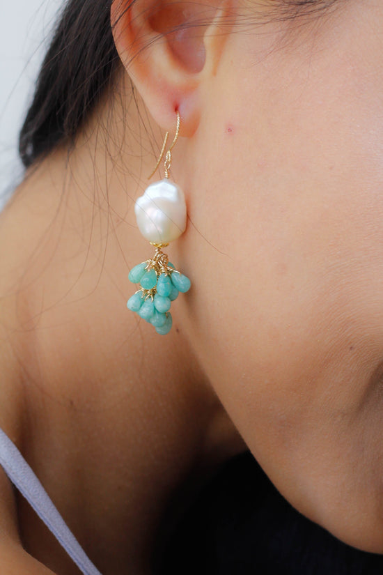 Baroque Pearl and Amazonite Cluster Hook Earrings