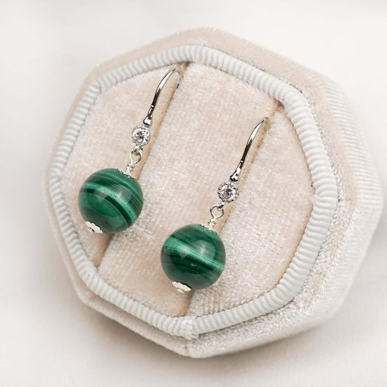 Single CZ Hook Earrings with Malachite