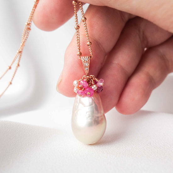 Baroque Pearl Necklace with Pink Sapphire Cluster MP17