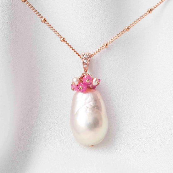 Baroque Pearl Necklace with Pink Sapphire Cluster MP17