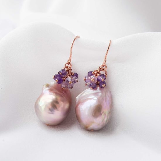 Baroque Pearls Hook Earrings with Amethyst Cluster MP6