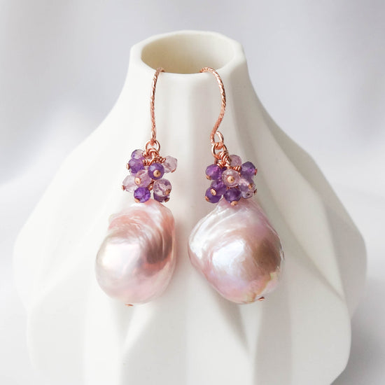 Baroque Pearls Hook Earrings with Amethyst Cluster MP6