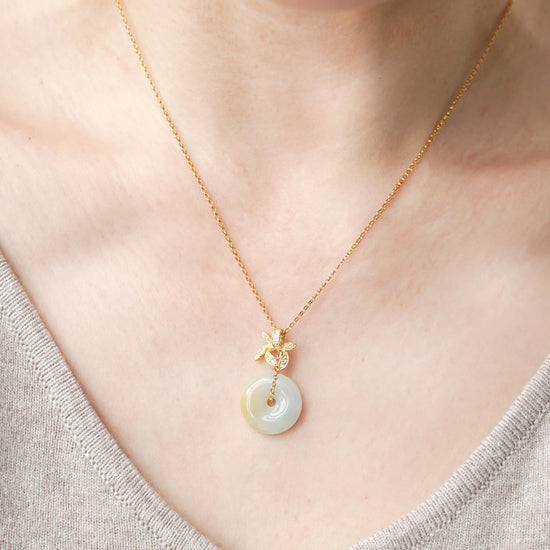 Jade Donut with Orchid Pendant Necklace - Gold Filled