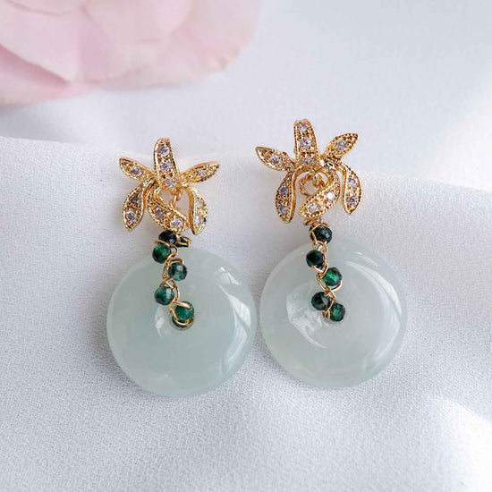 Orchid Ear Studs with Green Jade and Emerald Vine
