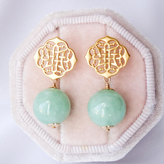 Peranakan Ear Studs with Green Jade