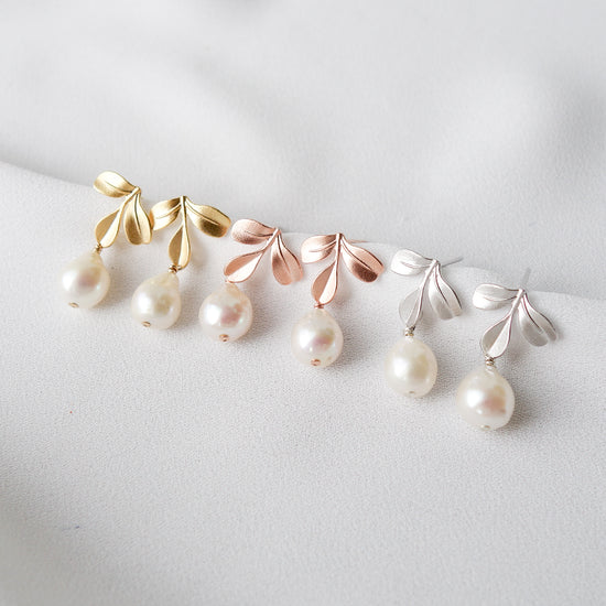 Triple Leaf Ear Studs with Petite Pearls