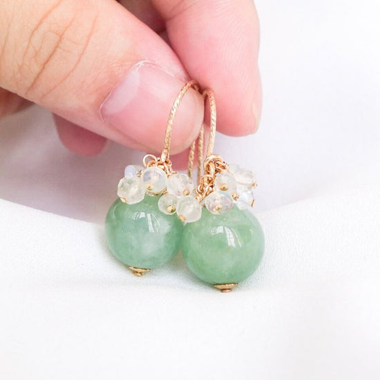 Green Jade Hook Earrings - Rock Crystal