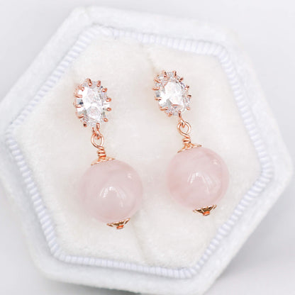 Rose Quartz with Oval CZ Ear Studs RQ17