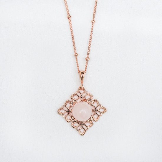 Peranakan Tile Rose Quartz Pendant Necklace (Ball Chain) RQ23