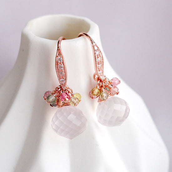 Rose Quartz with Tourmaline Cluster Hook Earrings