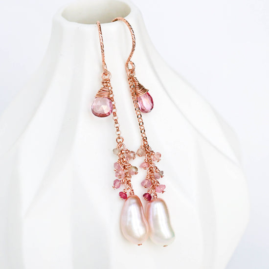 Baroque Pearl, Pink Topaz and Tourmaline Dangling Earrings