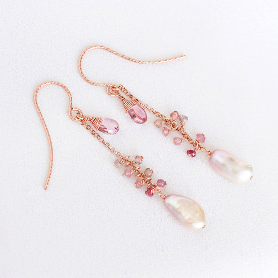 Baroque Pearl, Pink Topaz and Tourmaline Dangling Earrings