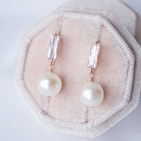 Tall Baguette Ear Studs with Round Pearls