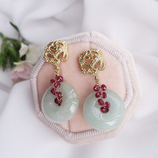Rose Ear Studs and Jade with Ruby Vine