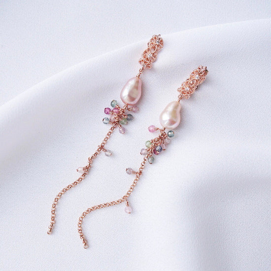 Intricate Ear Hoops with Baroque Pearl and Tourmaline Dangles